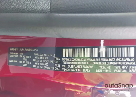 2020 Alfa Romeo Stelvio Sport Rwd z USA, uszkodzony, nr VIN ZASPAJAN9L7C76398